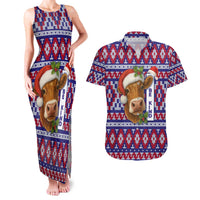 Cow in Santa Hat Be Kind Message Couples Matching Tank Maxi Dress and Hawaiian Shirt with Red Blue Knit Pattern Design - Wonder Print Shop
