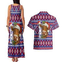 Cow in Santa Hat Be Kind Message Couples Matching Tank Maxi Dress and Hawaiian Shirt with Red Blue Knit Pattern Design - Wonder Print Shop