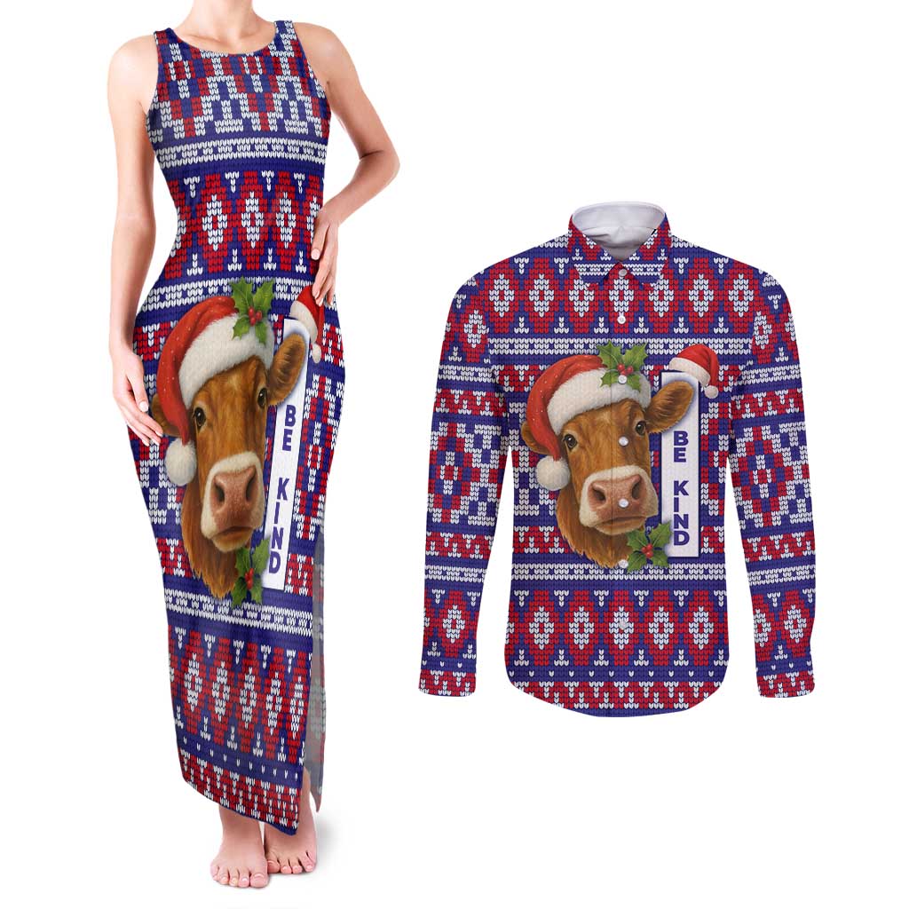 Cow in Santa Hat Be Kind Message Couples Matching Tank Maxi Dress and Long Sleeve Button Shirt with Red Blue Knit Pattern Design - Wonder Print Shop