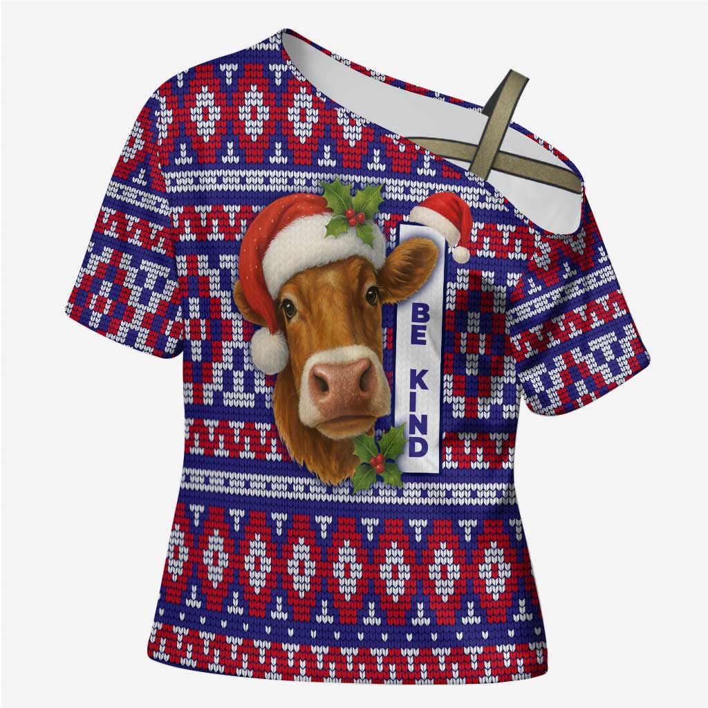 Cow in Santa Hat Be Kind Message Cross Shoulder Shirt with Red Blue Knit Pattern Design - Wonder Print Shop