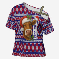 Cow in Santa Hat Be Kind Message Cross Shoulder Shirt with Red Blue Knit Pattern Design - Wonder Print Shop