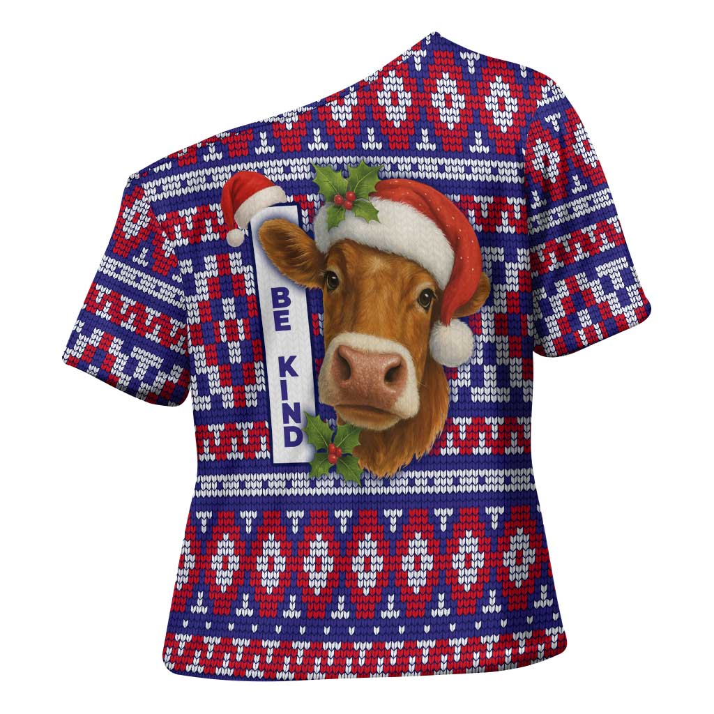 Cow in Santa Hat Be Kind Message Cross Shoulder Shirt with Red Blue Knit Pattern Design - Wonder Print Shop
