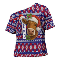 Cow in Santa Hat Be Kind Message Cross Shoulder Shirt with Red Blue Knit Pattern Design - Wonder Print Shop