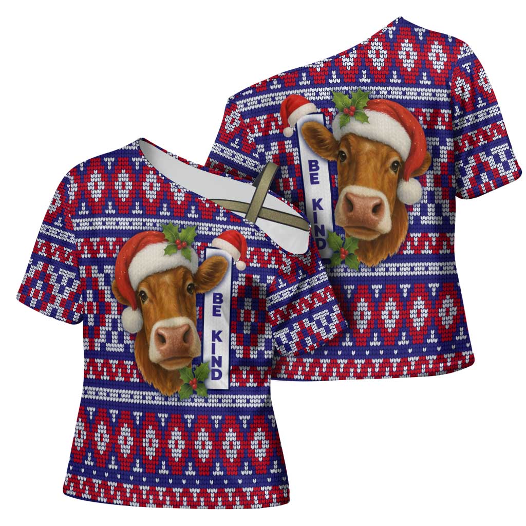 Cow in Santa Hat Be Kind Message Cross Shoulder Shirt with Red Blue Knit Pattern Design - Wonder Print Shop