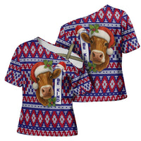 Cow in Santa Hat Be Kind Message Cross Shoulder Shirt with Red Blue Knit Pattern Design - Wonder Print Shop