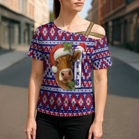 Cow in Santa Hat Be Kind Message Cross Shoulder Shirt with Red Blue Knit Pattern Design - Wonder Print Shop