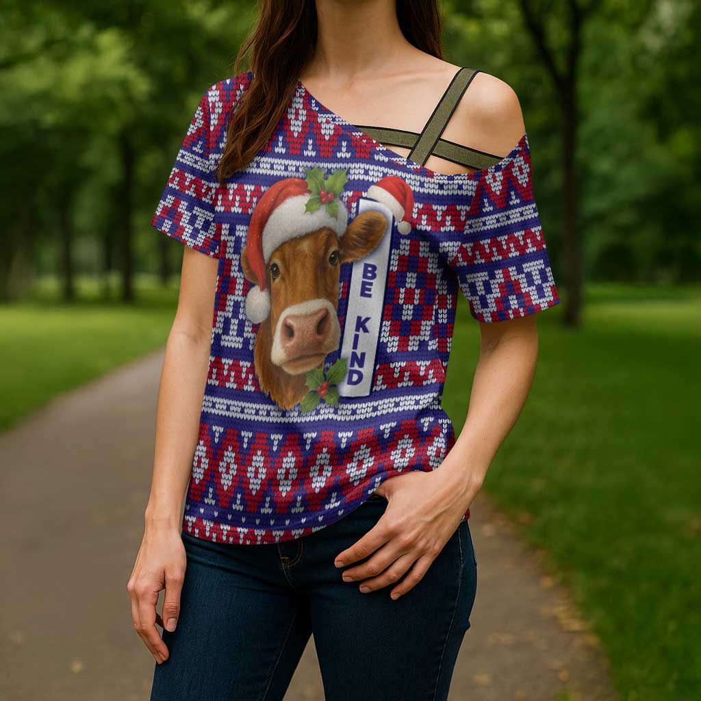 Cow in Santa Hat Be Kind Message Cross Shoulder Shirt with Red Blue Knit Pattern Design - Wonder Print Shop