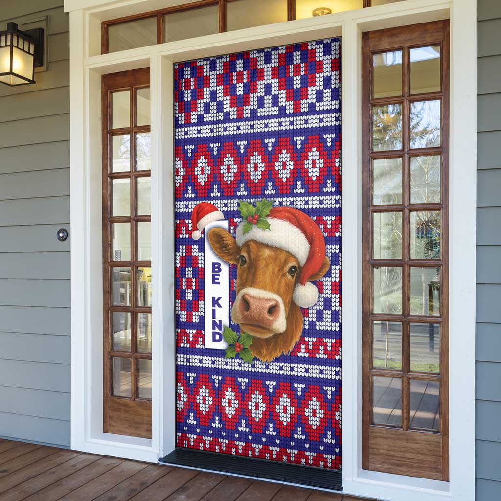 Cow in Santa Hat Be Kind Message Door Cover with Red Blue Knit Pattern Design - Wonder Print Shop