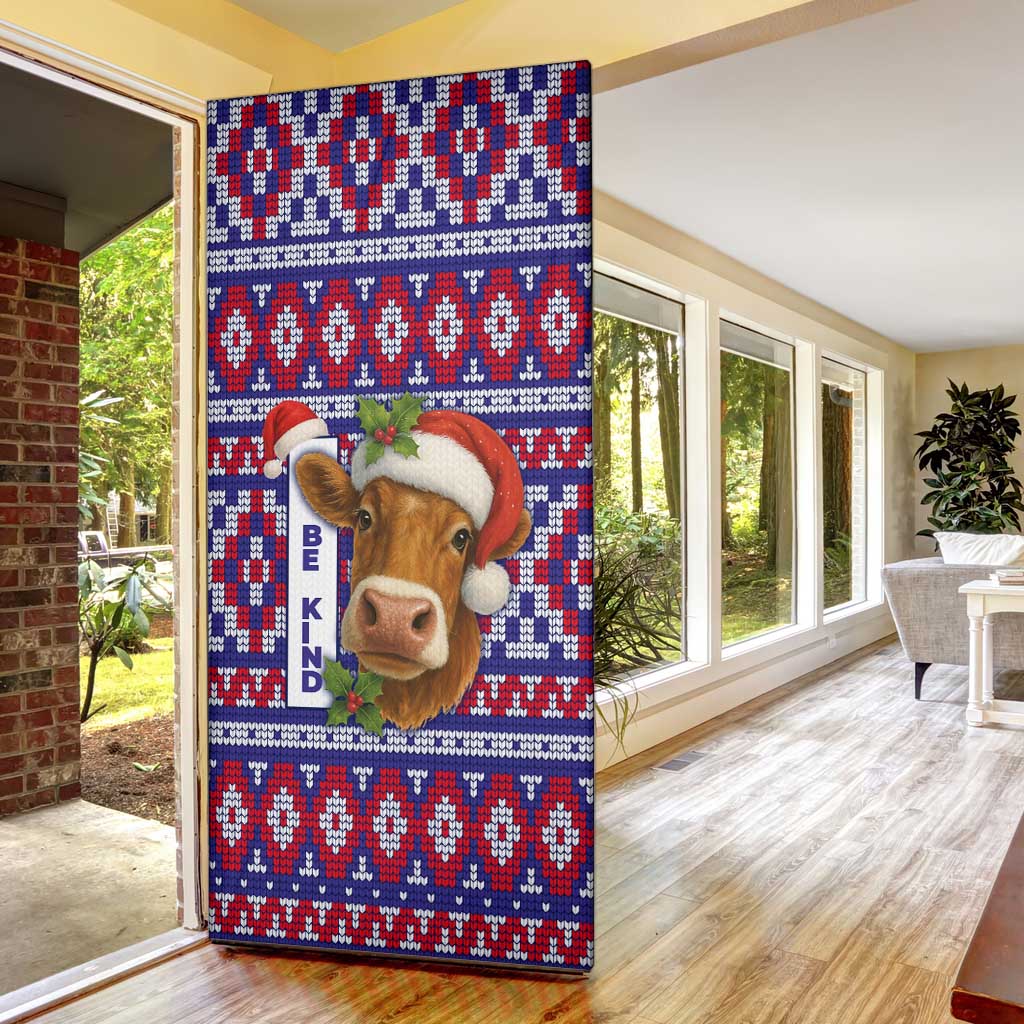 Cow in Santa Hat Be Kind Message Door Cover with Red Blue Knit Pattern Design - Wonder Print Shop