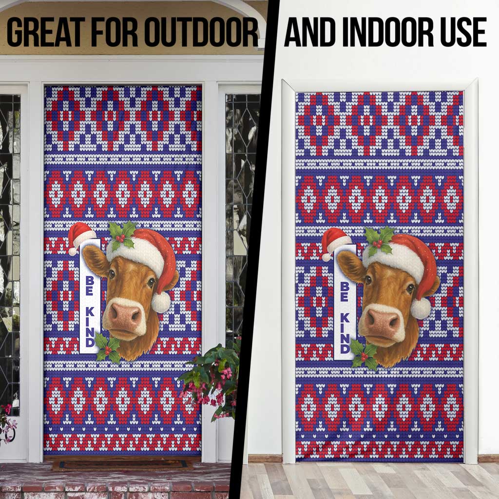 Cow in Santa Hat Be Kind Message Door Cover with Red Blue Knit Pattern Design - Wonder Print Shop