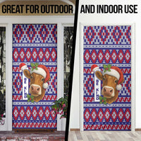Cow in Santa Hat Be Kind Message Door Cover with Red Blue Knit Pattern Design - Wonder Print Shop