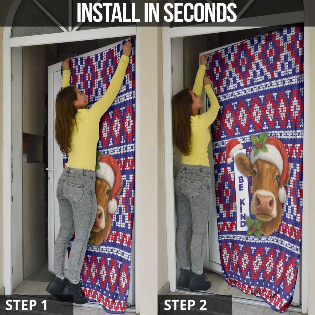 Cow in Santa Hat Be Kind Message Door Cover with Red Blue Knit Pattern Design - Wonder Print Shop