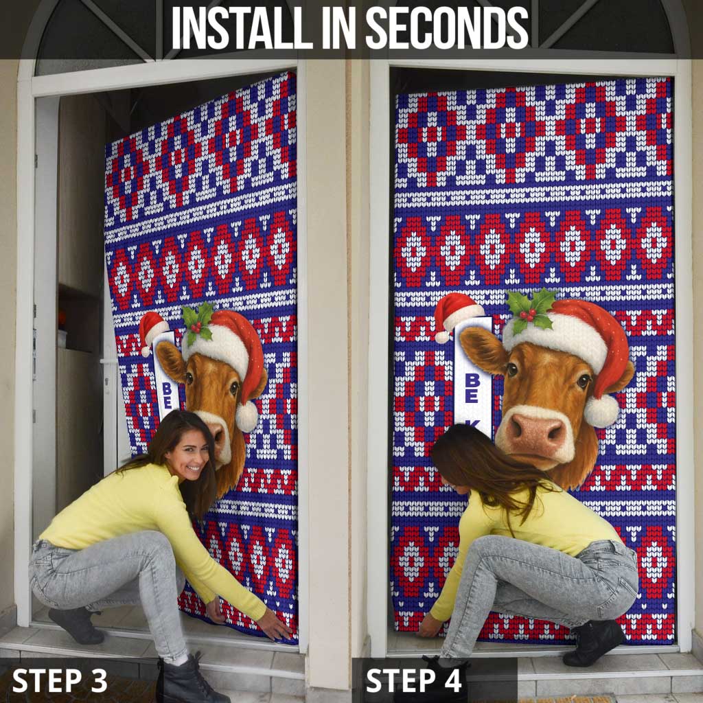 Cow in Santa Hat Be Kind Message Door Cover with Red Blue Knit Pattern Design - Wonder Print Shop