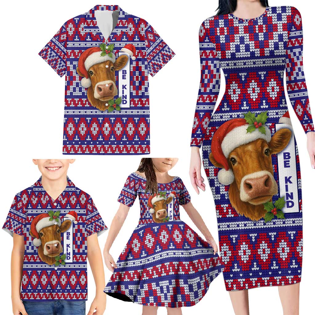 Cow in Santa Hat Be Kind Message Family Matching Long Sleeve Bodycon Dress and Hawaiian Shirt with Red Blue Knit Pattern Design - Wonder Print Shop