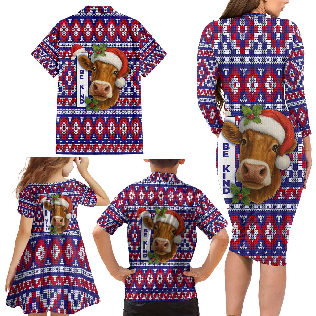 Cow in Santa Hat Be Kind Message Family Matching Long Sleeve Bodycon Dress and Hawaiian Shirt with Red Blue Knit Pattern Design - Wonder Print Shop
