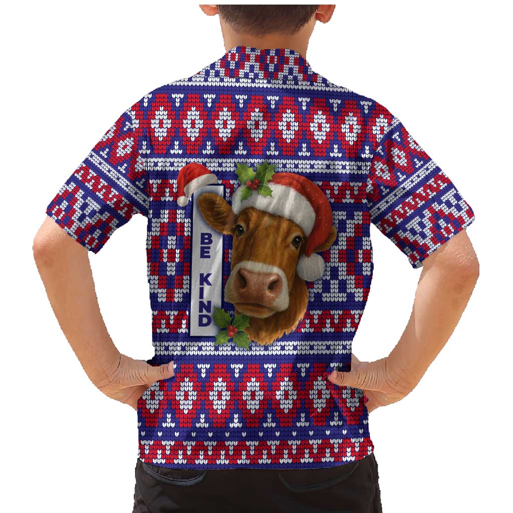 Cow in Santa Hat Be Kind Message Family Matching Mermaid Dress and Hawaiian Shirt with Red Blue Knit Pattern Design - Wonder Print Shop