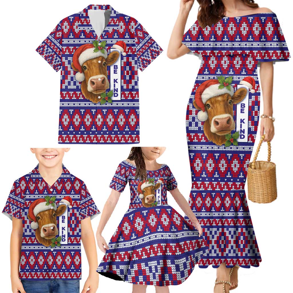 Cow in Santa Hat Be Kind Message Family Matching Mermaid Dress and Hawaiian Shirt with Red Blue Knit Pattern Design - Wonder Print Shop