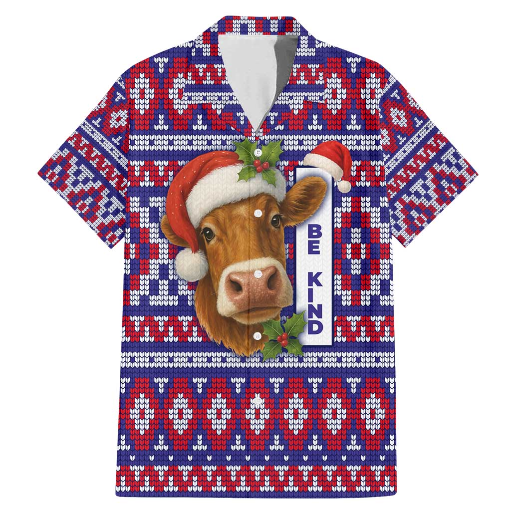 Cow in Santa Hat Be Kind Message Family Matching Mermaid Dress and Hawaiian Shirt with Red Blue Knit Pattern Design - Wonder Print Shop
