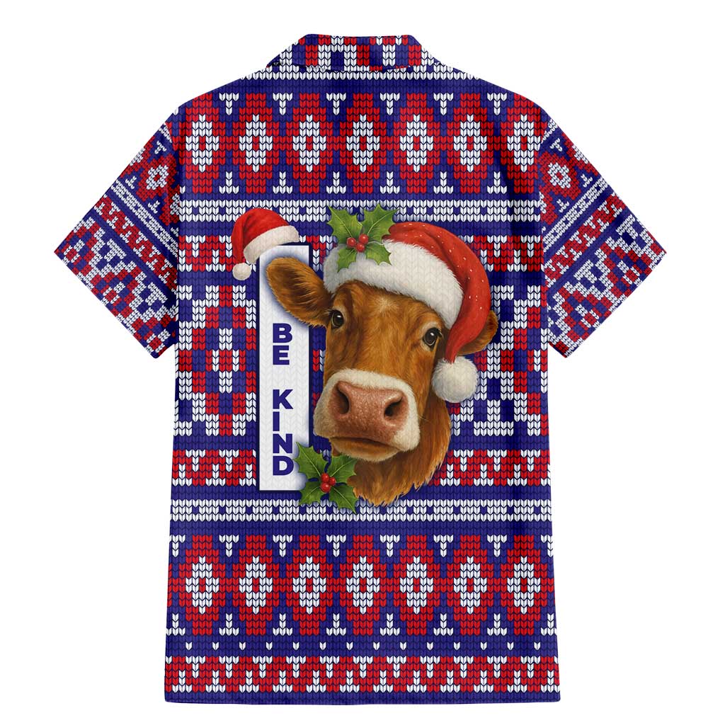 Cow in Santa Hat Be Kind Message Family Matching Mermaid Dress and Hawaiian Shirt with Red Blue Knit Pattern Design - Wonder Print Shop