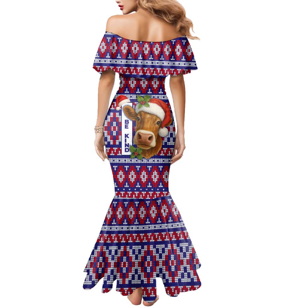 Cow in Santa Hat Be Kind Message Family Matching Mermaid Dress and Hawaiian Shirt with Red Blue Knit Pattern Design - Wonder Print Shop