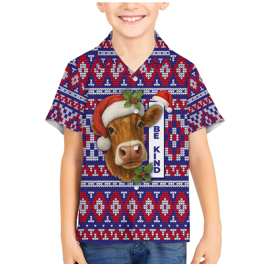 Cow in Santa Hat Be Kind Message Family Matching Mermaid Dress and Hawaiian Shirt with Red Blue Knit Pattern Design - Wonder Print Shop
