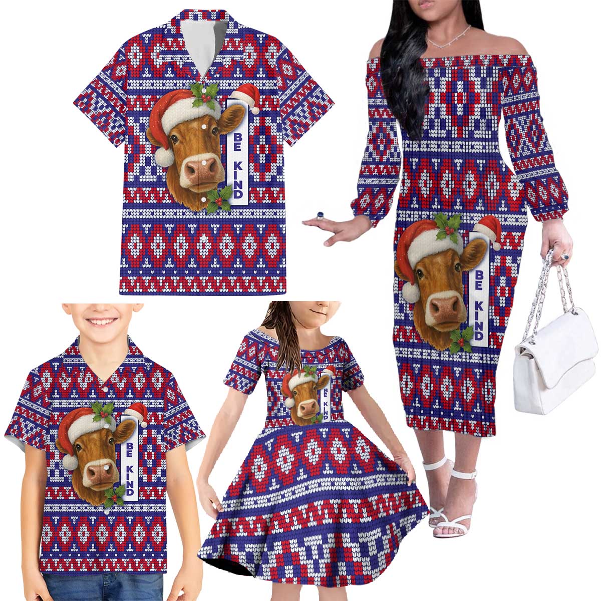 Cow in Santa Hat Be Kind Message Family Matching Off The Shoulder Long Sleeve Dress and Hawaiian Shirt with Red Blue Knit Pattern Design - Wonder Print Shop