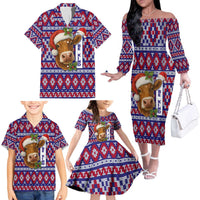 Cow in Santa Hat Be Kind Message Family Matching Off The Shoulder Long Sleeve Dress and Hawaiian Shirt with Red Blue Knit Pattern Design - Wonder Print Shop