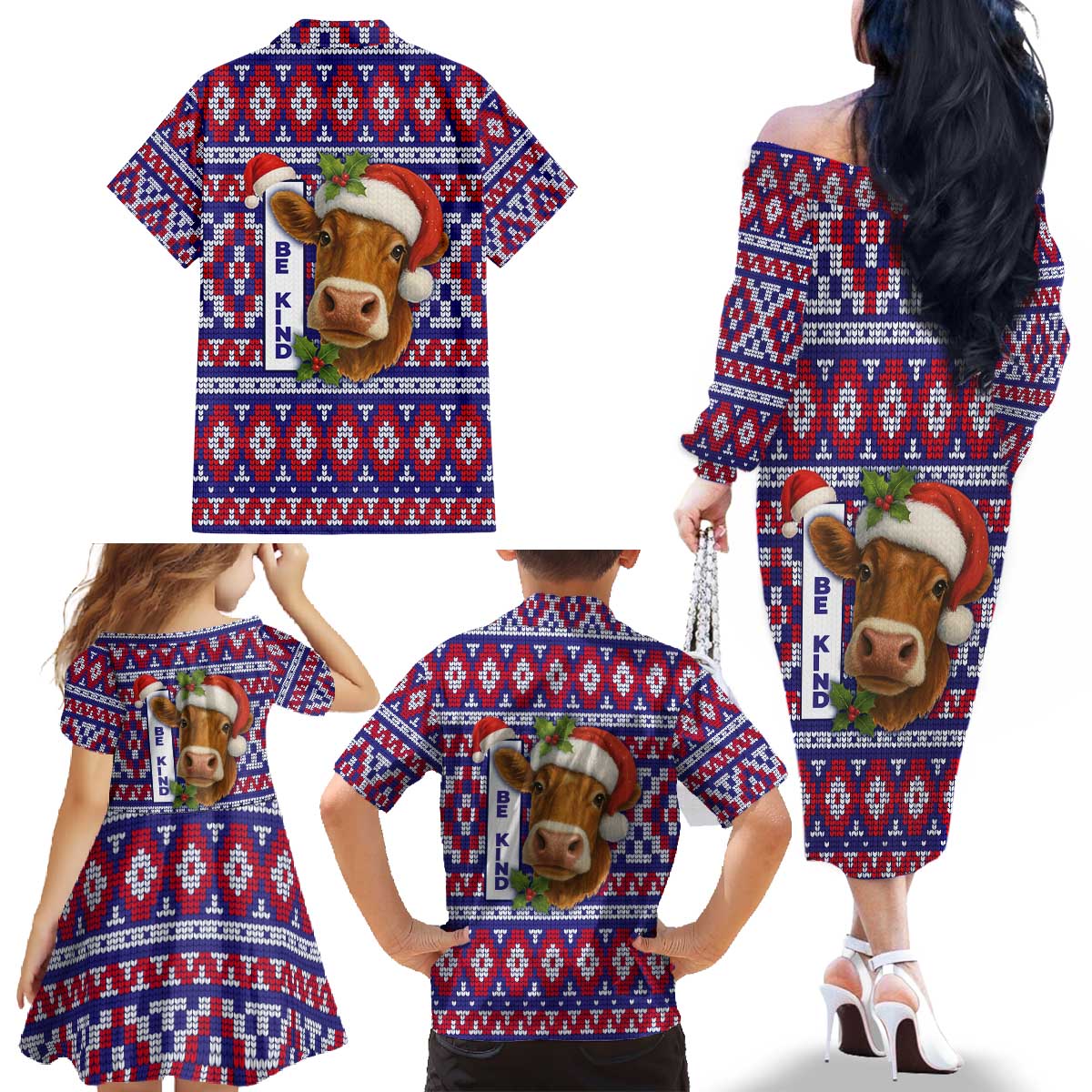 Cow in Santa Hat Be Kind Message Family Matching Off The Shoulder Long Sleeve Dress and Hawaiian Shirt with Red Blue Knit Pattern Design - Wonder Print Shop