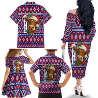 Cow in Santa Hat Be Kind Message Family Matching Off The Shoulder Long Sleeve Dress and Hawaiian Shirt with Red Blue Knit Pattern Design - Wonder Print Shop