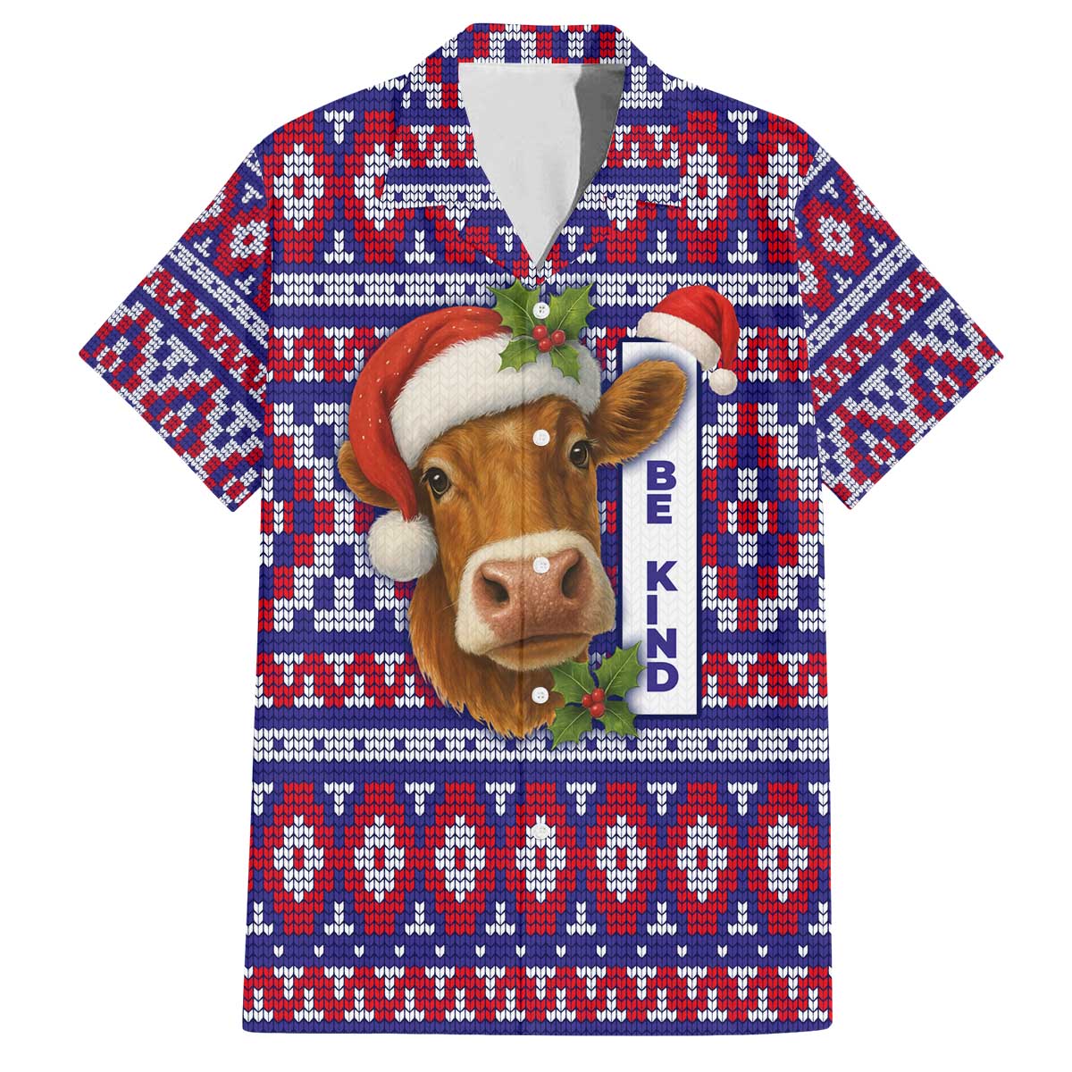Cow in Santa Hat Be Kind Message Family Matching Off The Shoulder Long Sleeve Dress and Hawaiian Shirt with Red Blue Knit Pattern Design - Wonder Print Shop