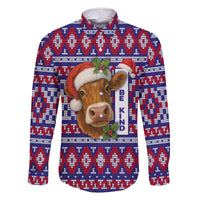 Cow in Santa Hat Be Kind Message Family Matching Off The Shoulder Long Sleeve Dress and Hawaiian Shirt with Red Blue Knit Pattern Design - Wonder Print Shop