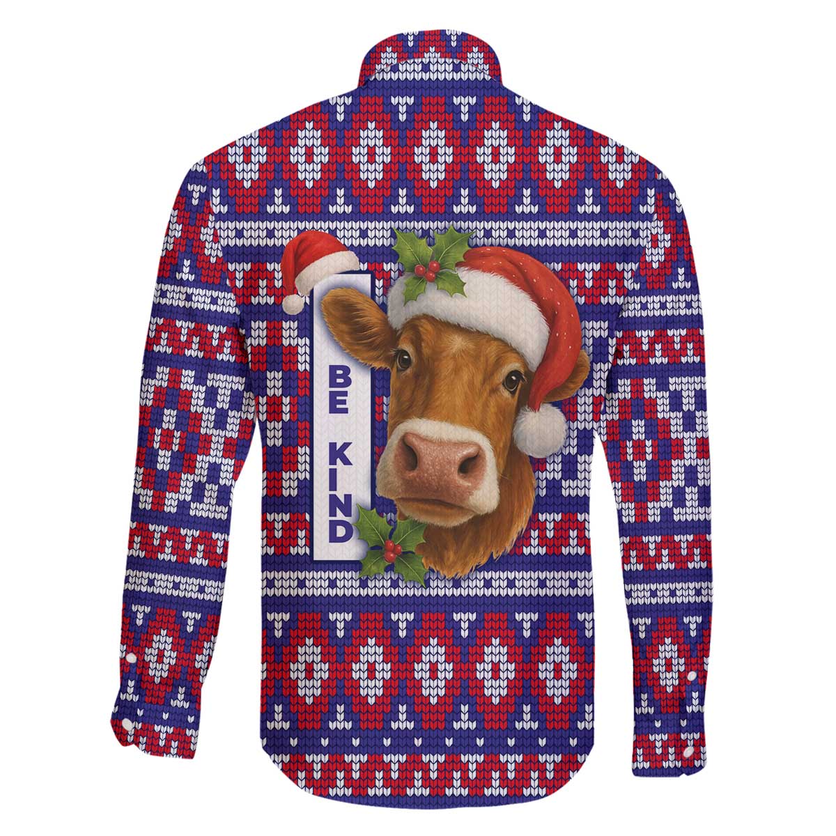 Cow in Santa Hat Be Kind Message Family Matching Off The Shoulder Long Sleeve Dress and Hawaiian Shirt with Red Blue Knit Pattern Design - Wonder Print Shop