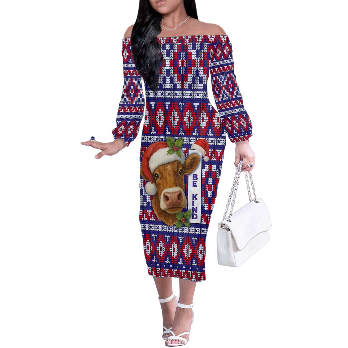 Cow in Santa Hat Be Kind Message Family Matching Off The Shoulder Long Sleeve Dress and Hawaiian Shirt with Red Blue Knit Pattern Design - Wonder Print Shop
