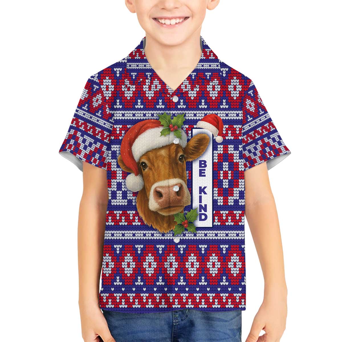 Cow in Santa Hat Be Kind Message Family Matching Off The Shoulder Long Sleeve Dress and Hawaiian Shirt with Red Blue Knit Pattern Design - Wonder Print Shop