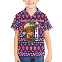 Cow in Santa Hat Be Kind Message Family Matching Off The Shoulder Long Sleeve Dress and Hawaiian Shirt with Red Blue Knit Pattern Design - Wonder Print Shop