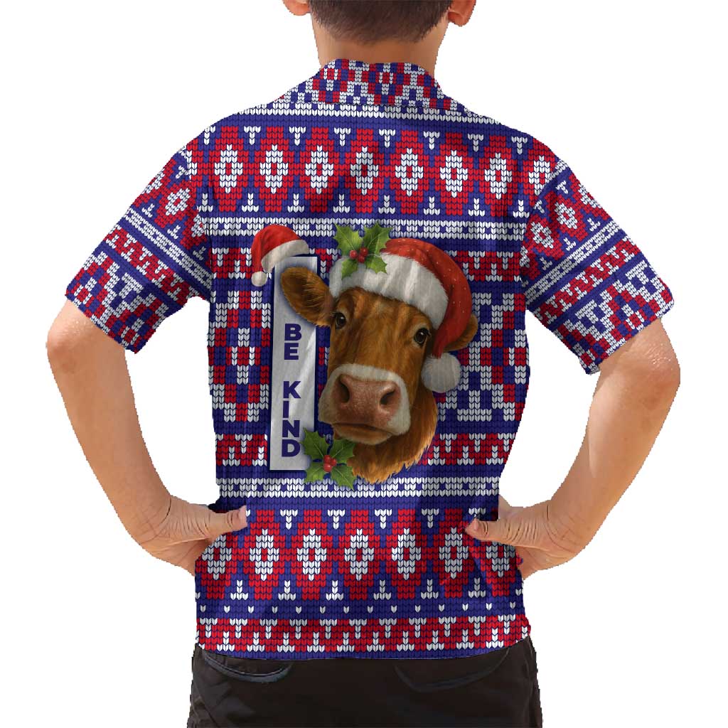 Cow in Santa Hat Be Kind Message Family Matching Off Shoulder Maxi Dress and Hawaiian Shirt with Red Blue Knit Pattern Design - Wonder Print Shop