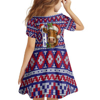 Cow in Santa Hat Be Kind Message Family Matching Off Shoulder Maxi Dress and Hawaiian Shirt with Red Blue Knit Pattern Design - Wonder Print Shop