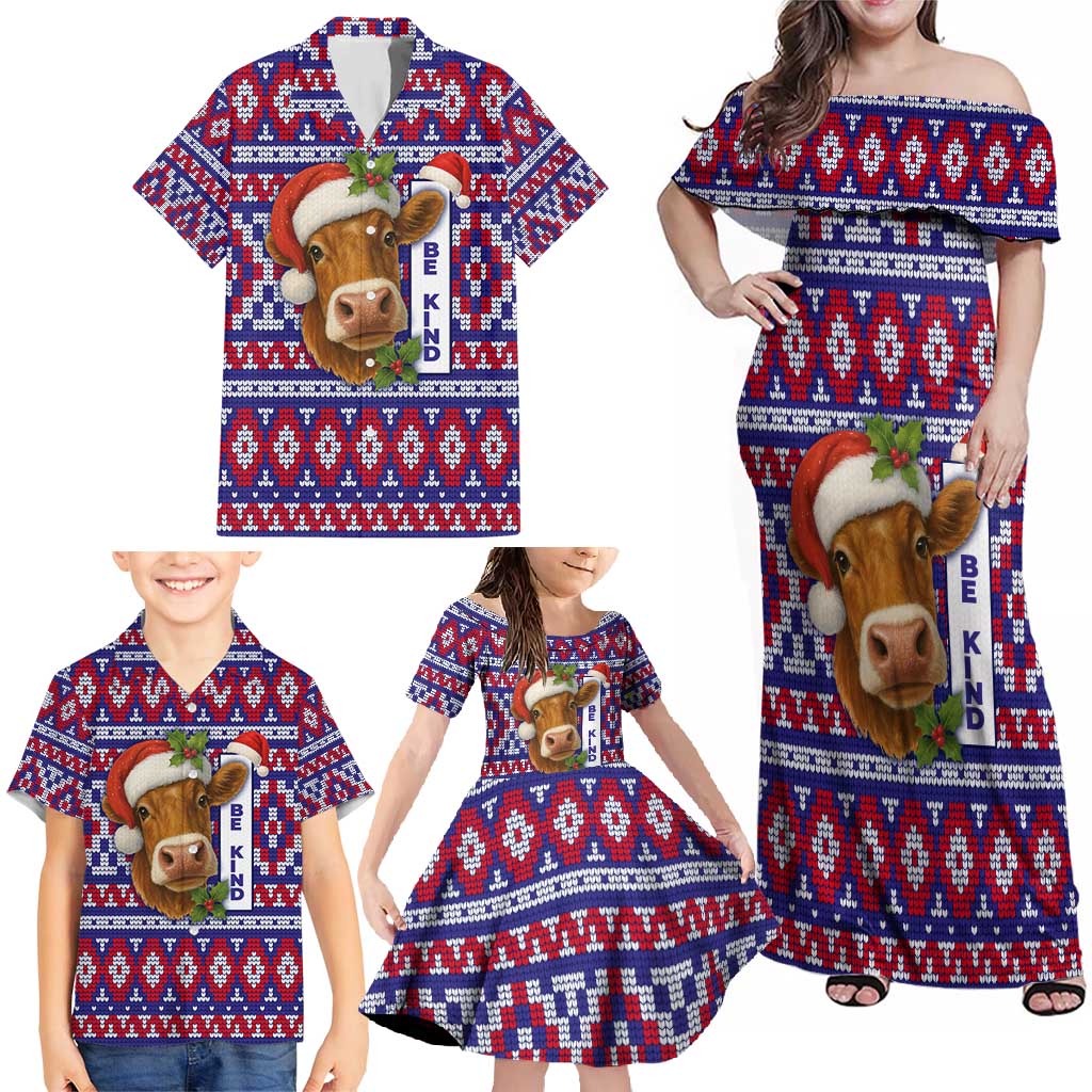 Cow in Santa Hat Be Kind Message Family Matching Off Shoulder Maxi Dress and Hawaiian Shirt with Red Blue Knit Pattern Design - Wonder Print Shop