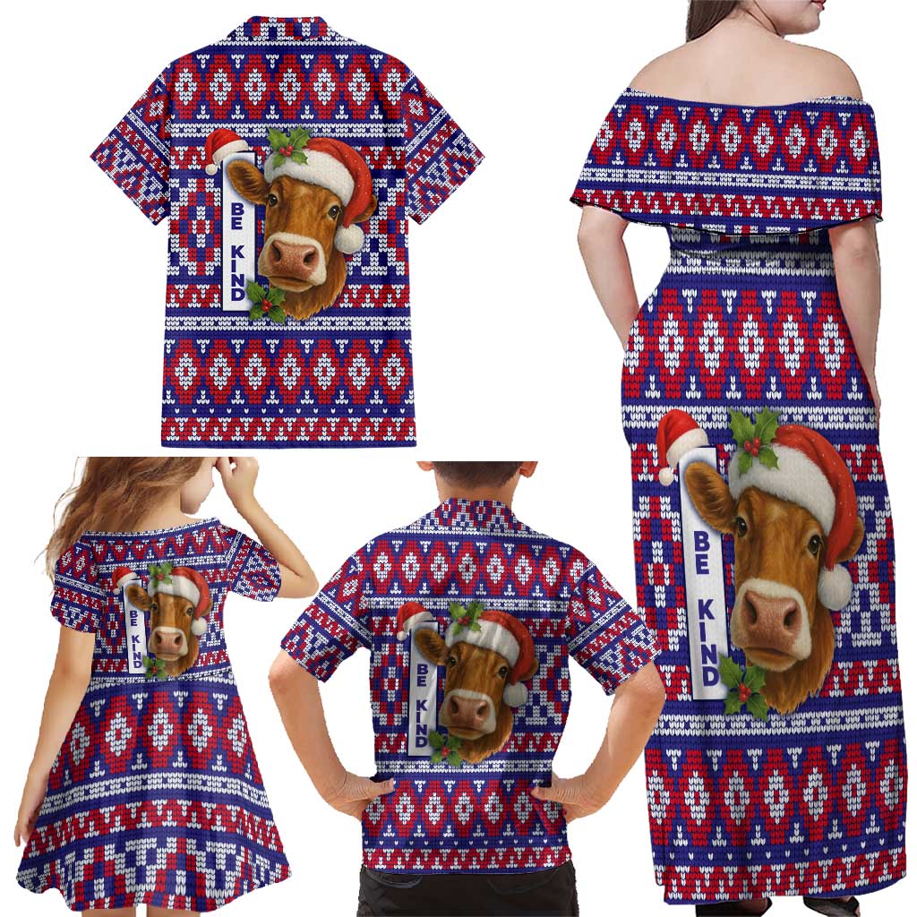Cow in Santa Hat Be Kind Message Family Matching Off Shoulder Maxi Dress and Hawaiian Shirt with Red Blue Knit Pattern Design - Wonder Print Shop