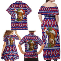 Cow in Santa Hat Be Kind Message Family Matching Off Shoulder Maxi Dress and Hawaiian Shirt with Red Blue Knit Pattern Design - Wonder Print Shop