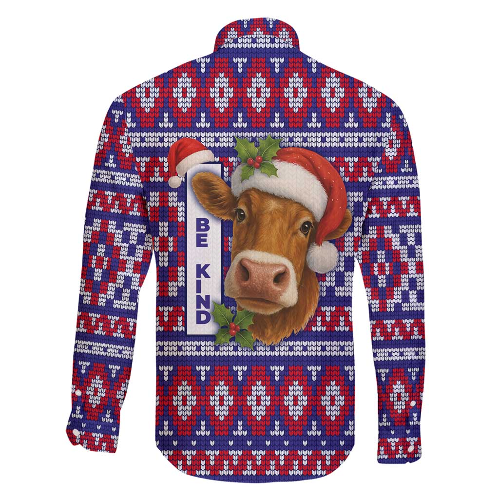 Cow in Santa Hat Be Kind Message Family Matching Off Shoulder Maxi Dress and Hawaiian Shirt with Red Blue Knit Pattern Design - Wonder Print Shop