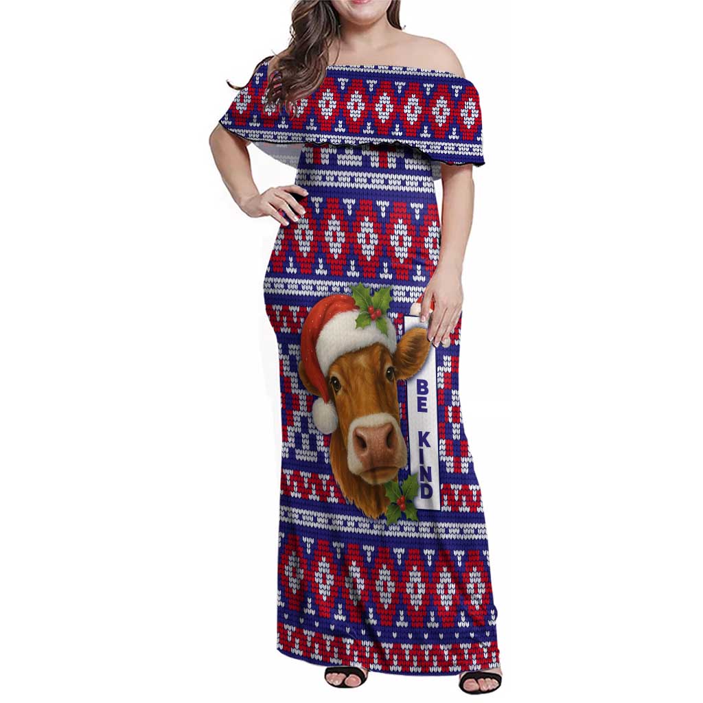 Cow in Santa Hat Be Kind Message Family Matching Off Shoulder Maxi Dress and Hawaiian Shirt with Red Blue Knit Pattern Design - Wonder Print Shop