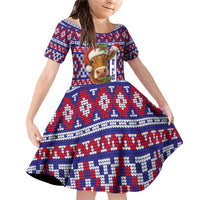 Cow in Santa Hat Be Kind Message Family Matching Off Shoulder Short Dress and Hawaiian Shirt with Red Blue Knit Pattern Design - Wonder Print Shop