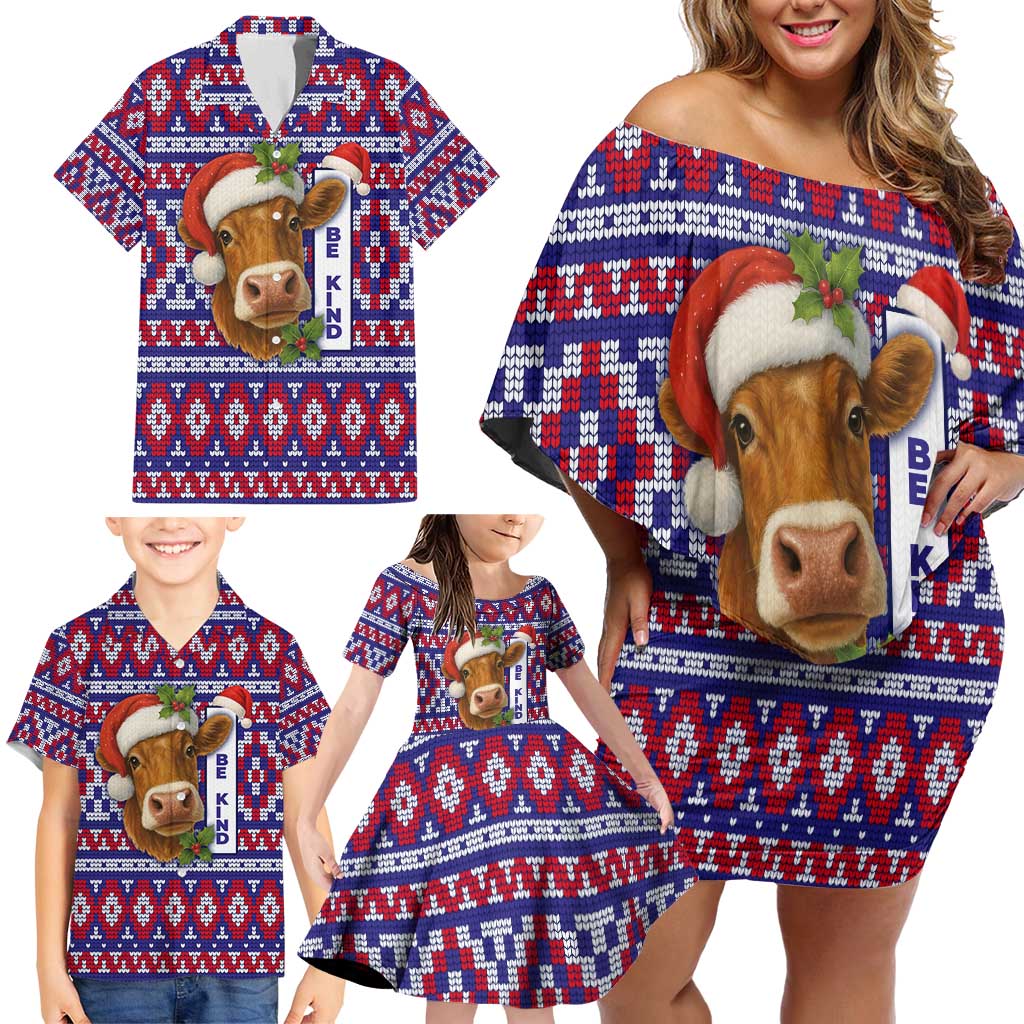 Cow in Santa Hat Be Kind Message Family Matching Off Shoulder Short Dress and Hawaiian Shirt with Red Blue Knit Pattern Design - Wonder Print Shop