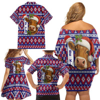 Cow in Santa Hat Be Kind Message Family Matching Off Shoulder Short Dress and Hawaiian Shirt with Red Blue Knit Pattern Design - Wonder Print Shop