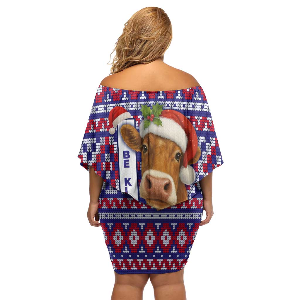 Cow in Santa Hat Be Kind Message Family Matching Off Shoulder Short Dress and Hawaiian Shirt with Red Blue Knit Pattern Design - Wonder Print Shop