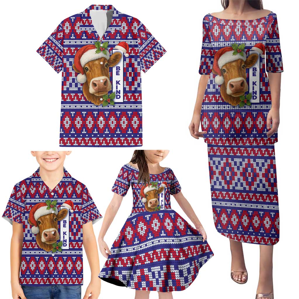 Cow in Santa Hat Be Kind Message Family Matching Puletasi and Hawaiian Shirt with Red Blue Knit Pattern Design - Wonder Print Shop