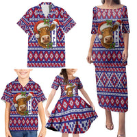 Cow in Santa Hat Be Kind Message Family Matching Puletasi and Hawaiian Shirt with Red Blue Knit Pattern Design - Wonder Print Shop