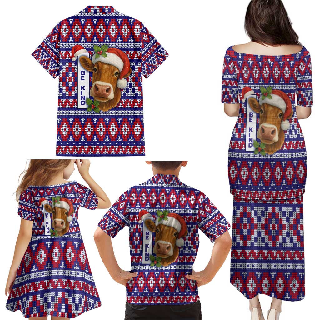 Cow in Santa Hat Be Kind Message Family Matching Puletasi and Hawaiian Shirt with Red Blue Knit Pattern Design - Wonder Print Shop