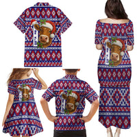 Cow in Santa Hat Be Kind Message Family Matching Puletasi and Hawaiian Shirt with Red Blue Knit Pattern Design - Wonder Print Shop